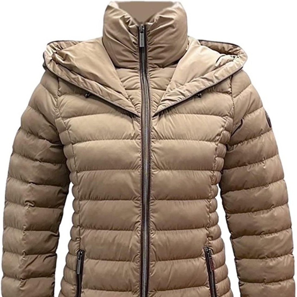 MICHAEL Michael Kors Hooded Packable Down Puffer Jacket Coat Zip Front Taupe